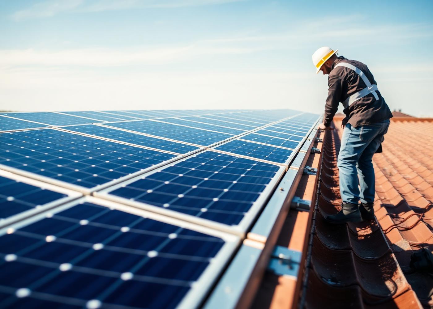 Technicien installant des panneaux photovoltaïques